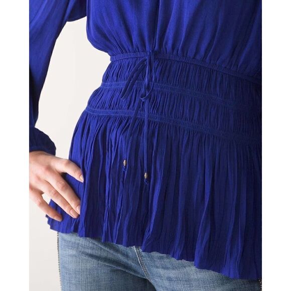 White House Black Market Petite XL Long-Sleeve Fitted Waist Blouse Blue V/neck - Picture 7 of 8
